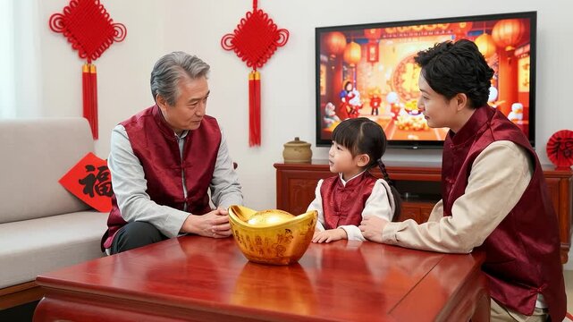 Multi-generational family in traditional attire celebrating Chinese New Year with gold ingot