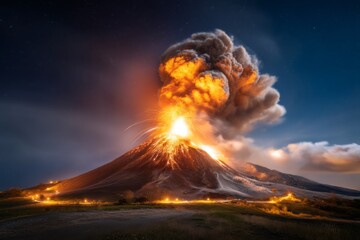 Fototapeta premium Erupting Volcano at Night Showcasing Raw Natural Power in Dramatic Scene