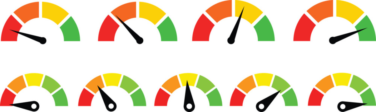 Dashboard speedometer icons set. Tachometer icon isolated. Performance indicator sign. Car speed. Fast internet speed sign. Stock flat vector elements.