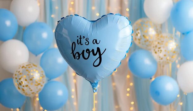 Blue heart-shaped balloon with text "it's a boy" text in black script lettering, surrounded by blue and white balloons, baby shower or gender reveal party decoration