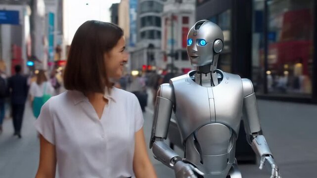 Smiling woman walking ahead of humanoid robot on busy city street