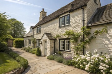 Small traditional stone cottage with black trim and large windows, surrounded by lush green lawn and garden, showcasing elegant rural architecture and peaceful countryside charm.