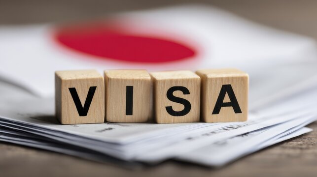 Visa application documents and wooden blocks spelling out visa on a desk with Japanese flag background