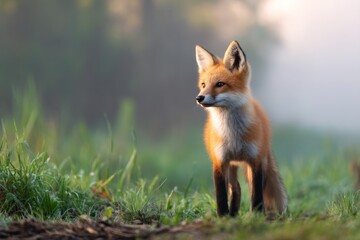 Fototapeta premium A Majestic Fox Standing Quietly in the Morning Fog Within Its Natural Habitat