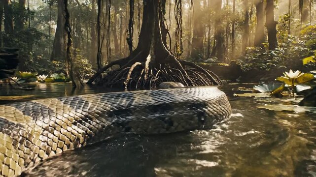 Enormous Green Anaconda Glides Through Amazonian Swamp