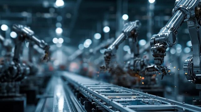 Industrial assembly line with robotic arms paused mid-process, metallic surfaces reflecting cold light, emphasizing precision, automation, and repetitive manufacturing in a modern factory setting.
