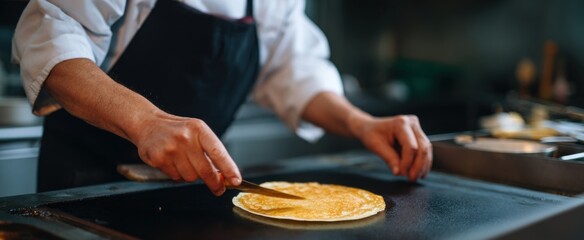 Skilled chef enthusiastically flipping a fluffy pancake on a spacious griddle in a vibrant kitchen