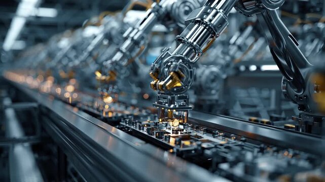 Industrial assembly line with robotic arms paused mid-process, metallic surfaces reflecting cold light, emphasizing precision, automation, and repetitive manufacturing in a modern factory setting.
