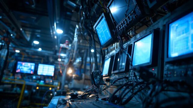 Industrial control room with glowing monitors, visible cables and control panels in low light, showing technical operations, system monitoring, and industrial process control.
