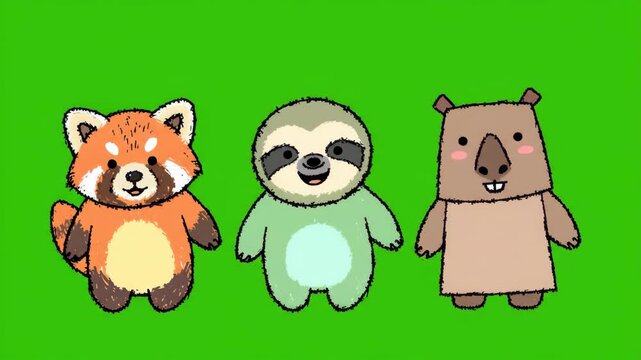 Cute cartoon animals red panda sloth and wombat on green background.