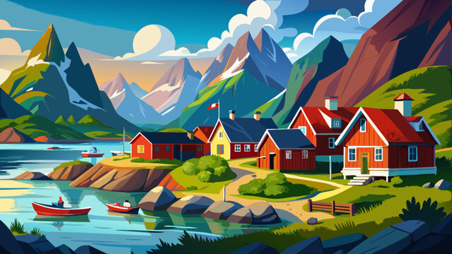 Very beautiful Lofoten Islands landscape in Norway features traditional red houses set against dramatic mountains and calm coastal waters, capturing authentic Arctic village life and rugged Nordic bea