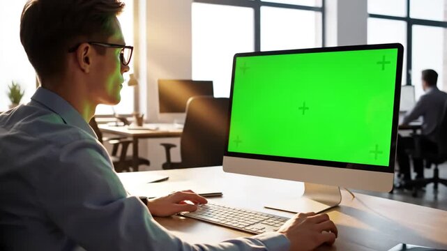 Green Screen over the shoulder young man sitting at his desk in office uses desktop computer with mock up close display scene 2 distortion, overlay, glitch, static noise, scan lines on black