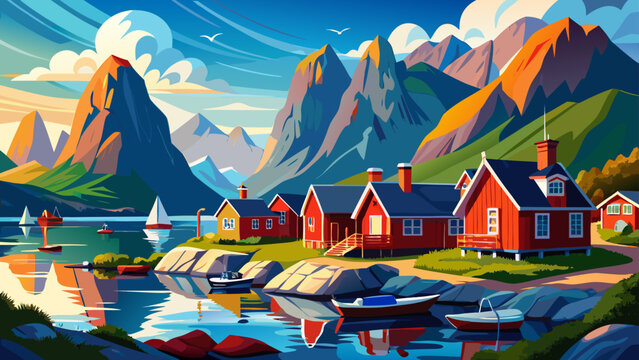 Very beautiful Lofoten Islands landscape in Norway features traditional red houses set against dramatic mountains and calm coastal waters, capturing authentic Arctic village life and rugged Nordic bea