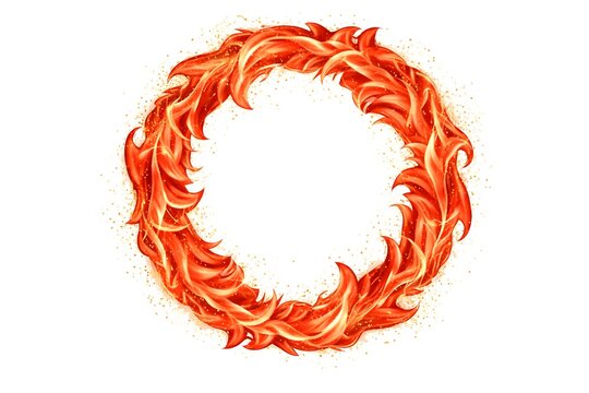 Fiery Flame Ring Wreath with Glittering Sparks on White Background