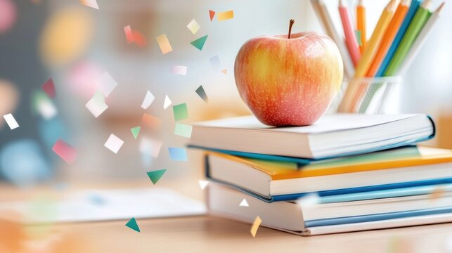 Colorful notebooks and red apple on wooden desk for back to school inspiration