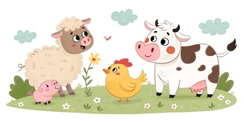 Obraz premium Adorable farm animal collection with cow sheep pig and chicken in a blooming meadow illustration