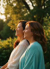 Two women, one asian, one caucasian, smiling sweetly outdoors at sunset. Positive emotions concept for lifestyle blogs and advertising.