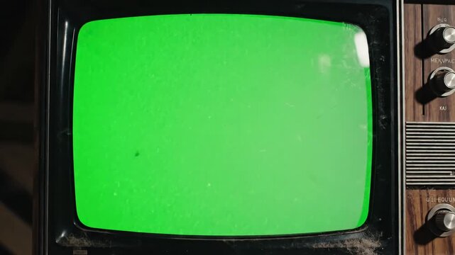 Green Screen old tv turning on with for video masking scene 2 distortion, overlay, glitch, static noise, scan lines black background, 4k animated loop