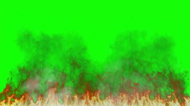 Realistic vibrant orange and yellow flames with thick dark smoke rising intensely across the bottom edge against a bright green screen background for visual effects.