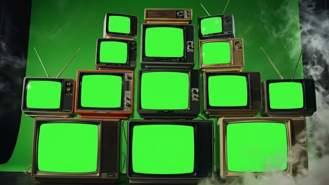 Green Screen ten old tvs turning on screens stacked vintage live retro television with display taken zoomout shot scene 2 distortion, overlay, glitch, static noise, scan lines black background, 4k