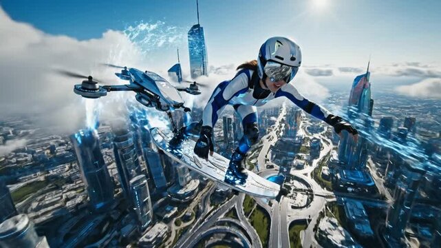 Futuristic hoverboard racing: aerial view of two athletes gliding over a cyberpunk cityscape with sleek drones in a clear blue sky