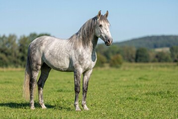 Obraz premium Elegant dapple grey Andalusian horse standing on green pasture