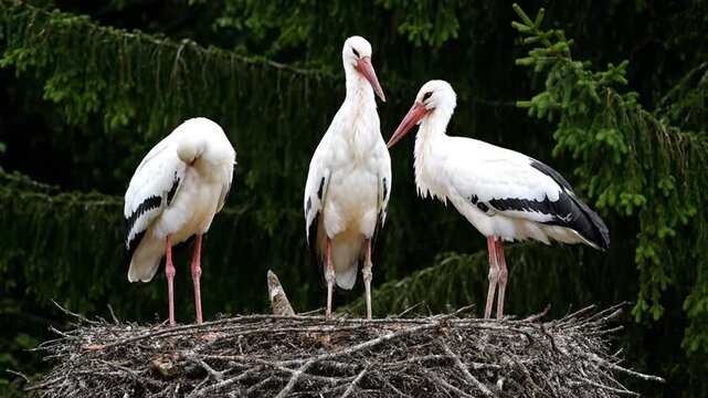 Three white storks standing in a nest with lush greenery background