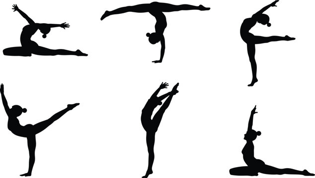 Silhouettes of gymnasts or dancers in flexible poses, showcasing balance, strength, and movement for fitness, performance art, and athletic training illustrations.
