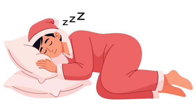 A person wearing a red sleep cap and pajamas is sleeping soundly on two pink pillows with zzz symbols indicating sleep rest tired dreaming comfort relaxation