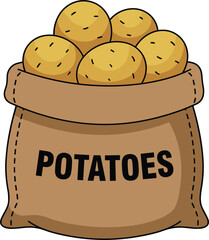 Illustrated sack of fresh potatoes in rustic burlap bag, farm harvest concept, organic vegetables icon, simple flat style, agriculture food supply illustration