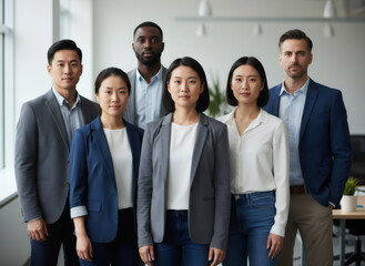 Obraz premium Portrait of diverse business women and men standing in office. Multiethnic professional team in executive corporate environment.