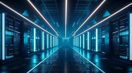 Fototapeta premium Futuristic supercomputer with glowing blue lights in a high-tech minimalist environment, showcasing advanced technology and innovation with ample copy space for design. 