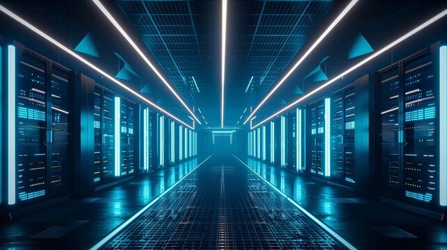 Futuristic supercomputer with glowing blue lights in a high-tech minimalist environment, showcasing advanced technology and innovation with ample copy space for design.
