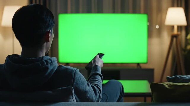 Green Screen man watching television in living room evening young guy sitting on sofa against tv with chroma back view male person switching channels using remote controller scene 2 distortion