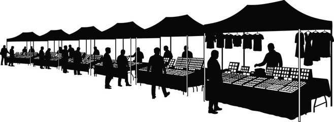 Outdoor, street, market, silhouettes, set, retail, festival, tents, stalls, people, shopping, business, vendor, commerce, local, trade, event, vector, illustration, isolated, fair, urban, © MstBeauti