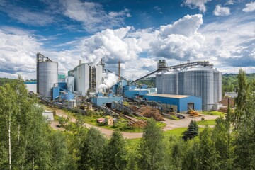 Obraz premium Pulp and paper mill with large storage silos and timber stacks. Ideal for themes like forestry, manufacturing, energy production, and logistics.