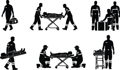 Paramedic and first responder silhouettes set, emergency medical technician team carrying patient on stretcher, ambulance staff icons, urgent healthcare rescue vector illustration. © MstBeauti