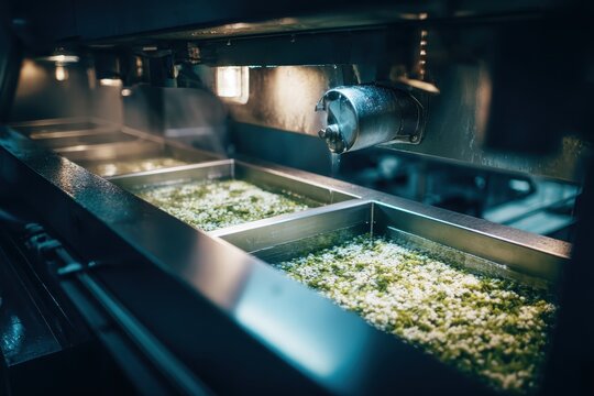 Food processing facility with green and white product in steaming metal trays. Shows large-scale food production, automation, and hygiene in factories.