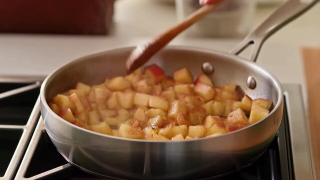 Saut&eacute;ing diced apples in a stainless steel pan on a gas stove with a wooden spoon
