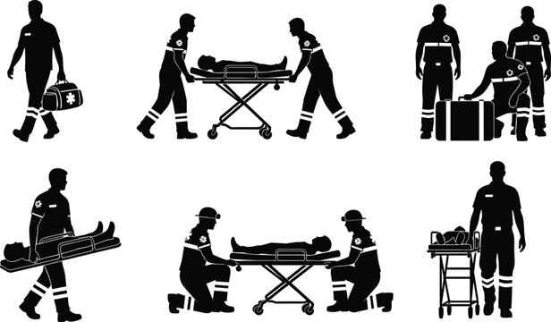 Paramedic and first responder silhouettes set, emergency medical technician team carrying patient on stretcher, ambulance staff icons, urgent healthcare rescue vector illustration.