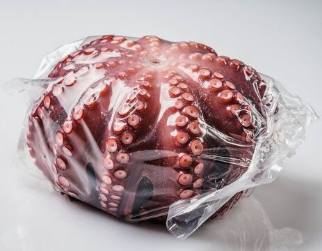 A whole reddish-purple octopus tightly vacuumed in clear plastic film, isolated on a white background to show texture and suckers
