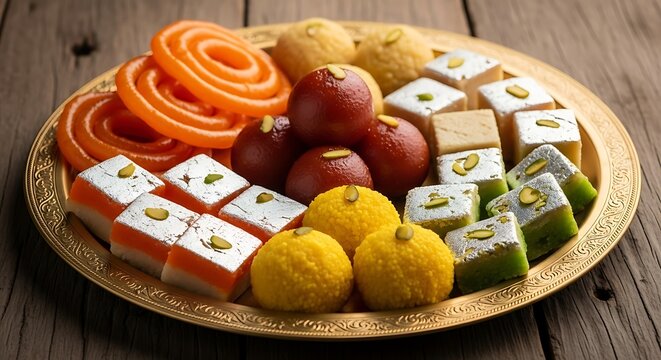 Assorted indian sweets on golden plate
