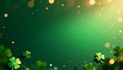 Fototapeta premium St. Patrick's Day background with green shamrocks and golden bokeh lights. Festive Irish holiday backdrop with copy space. Lucky clover and gold glitter on green textured paper