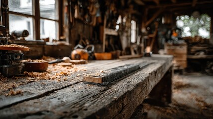 Fototapeta premium Old wooden workbench messy with sawdust in a traditional workshop. Use to convey hard work, craft, artisan skills, or workshop setting.