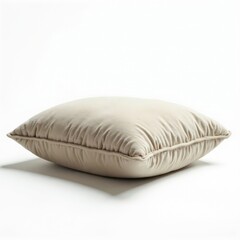 Naklejka premium Plush beige velvet cushion with piped edging, ideal for cozy interior design mockups and soft furnishing promotions.