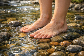 Feet standing in a serene riverbed with clear water and smooth stones from a low angle viewpoint