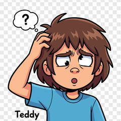 Obraz premium Confused boy scratching head with question mark thought bubble