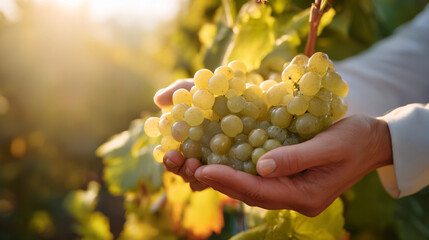 Obraz premium A person holding a bunch of white grapes in their cupped hands outdoors in a vineyard setting