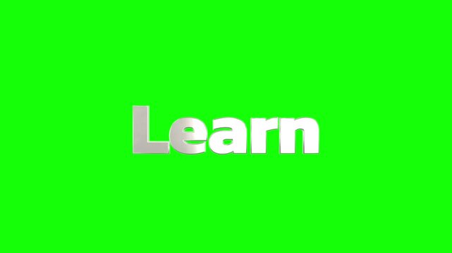 Three dimensional metallic silver text spelling the word learn appears centered against a bright vibrant solid chroma key green screen background for easy editing.