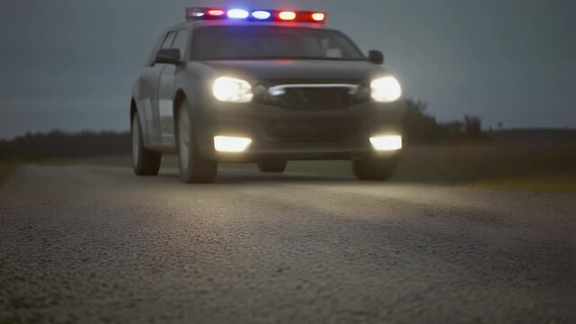 Low Shot Gliding Along a Gravel Road in the Countryside with Light from an Unseen Police Car Flashing &ndash; Cinematic Rural Tension, Gritty Ground Texture, Atmospheric Night Visuals, Subtle Emergency Ligh